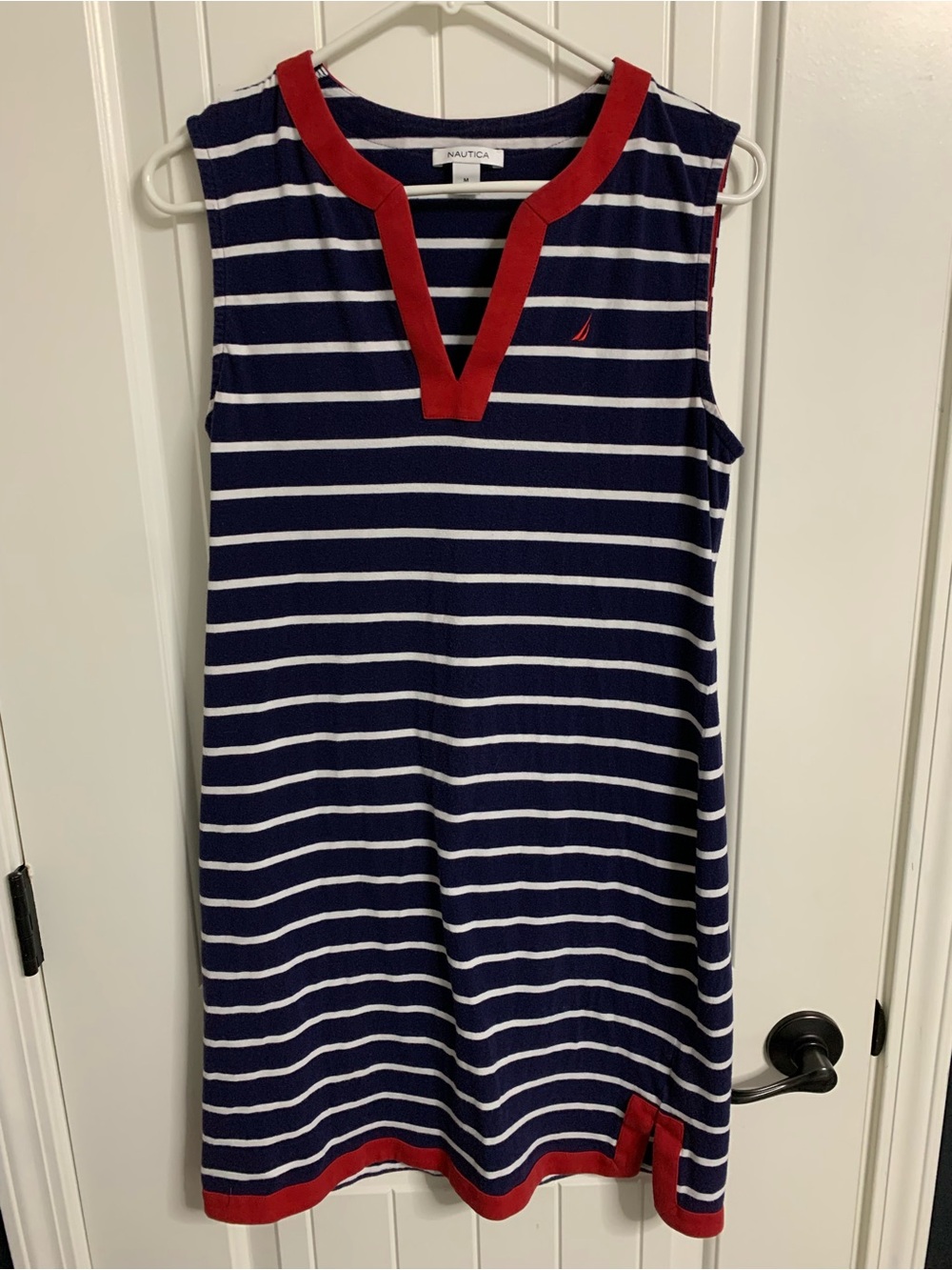 Nautica Navy & White Striped Sleeveless Dress with Red Trim